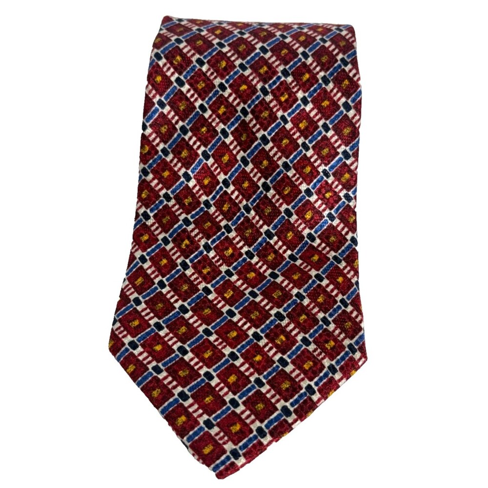 Bolgheri Silk Tie Mens Red Blue Geometric Mosaic Tile Square Grid Made Italy VTG